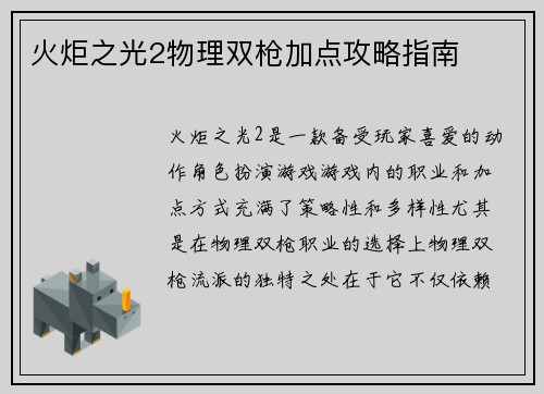 火炬之光2物理双枪加点攻略指南
